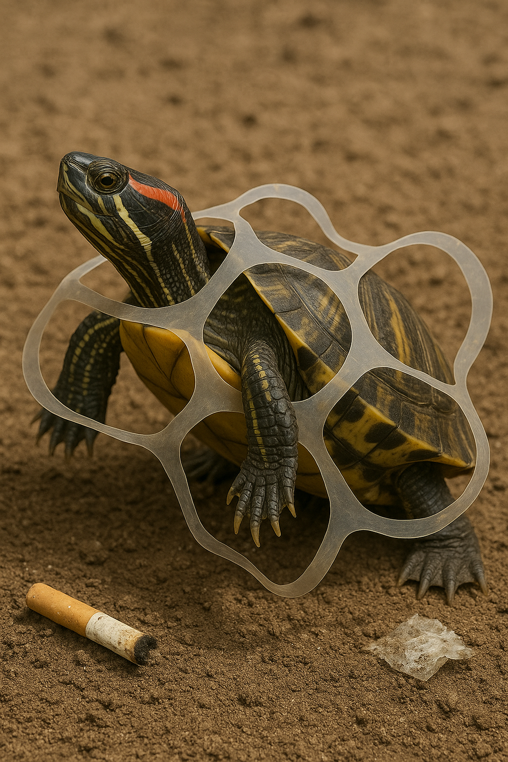 a turtle caught in plastic debris